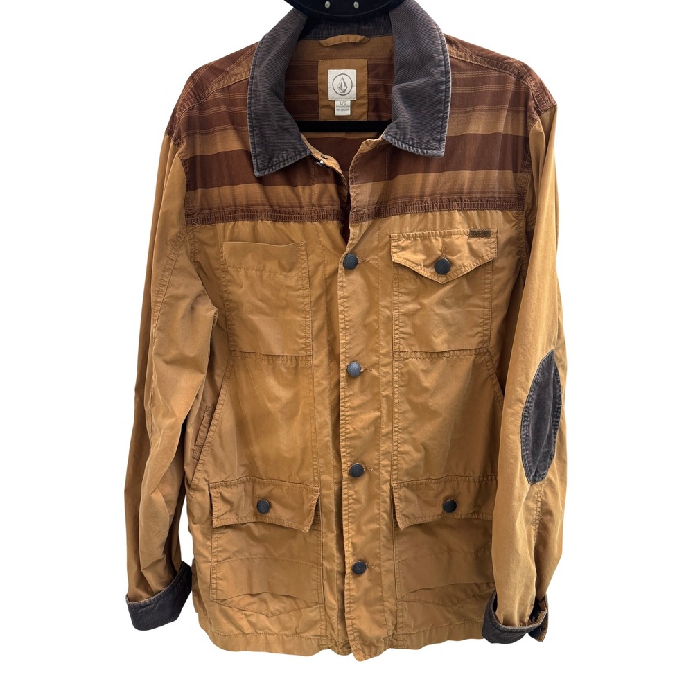 Volcom Grazer Jacket Large Tan Corduroy Elbow Patches Striped Yoke Work Barn